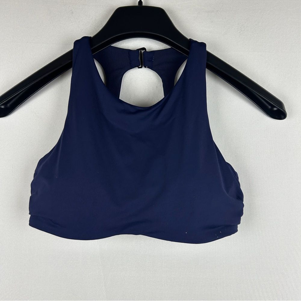 Athleta wired Navy Blue Women's Sports Bra removable pads back open 34B/C